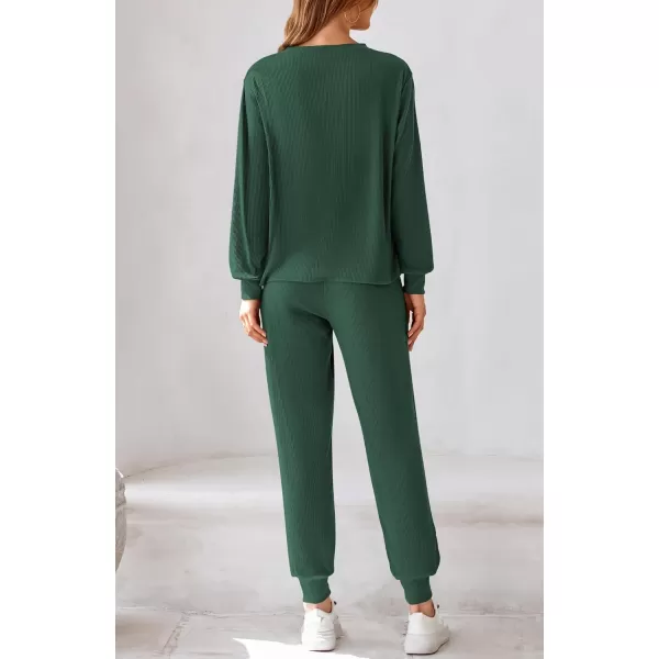 BTFBM Womens Two Piece Tracksuit Fall Long Sleeve Ribbed Knit Sweatshirt Long Pants With Drawstring Sweatsuit SetsSolid Dark Green