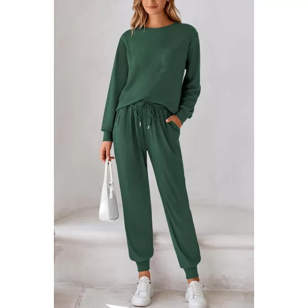 BTFBM Womens Two Piece Tracksuit Fall Long Sleeve Ribbed Knit Sweatshirt Long Pants With Drawstring Sweatsuit SetsSolid Dark Green