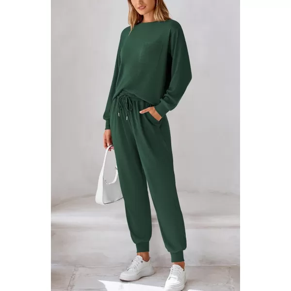 BTFBM Womens Two Piece Tracksuit Fall Long Sleeve Ribbed Knit Sweatshirt Long Pants With Drawstring Sweatsuit SetsSolid Dark Green