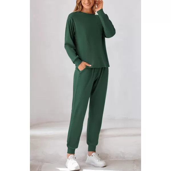 BTFBM Womens Two Piece Tracksuit Fall Long Sleeve Ribbed Knit Sweatshirt Long Pants With Drawstring Sweatsuit SetsSolid Dark Green