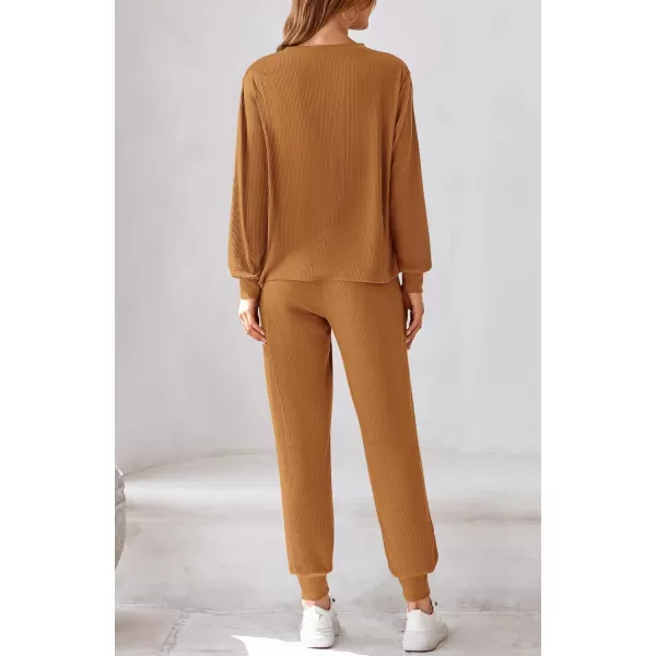 BTFBM Womens Two Piece Tracksuit Fall Long Sleeve Ribbed Knit Sweatshirt Long Pants With Drawstring Sweatsuit SetsSolid Dark Khaki