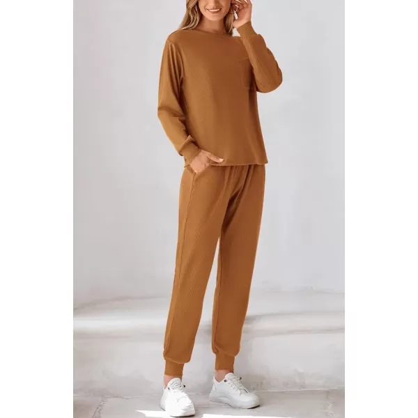 BTFBM Womens Two Piece Tracksuit Fall Long Sleeve Ribbed Knit Sweatshirt Long Pants With Drawstring Sweatsuit SetsSolid Dark Khaki
