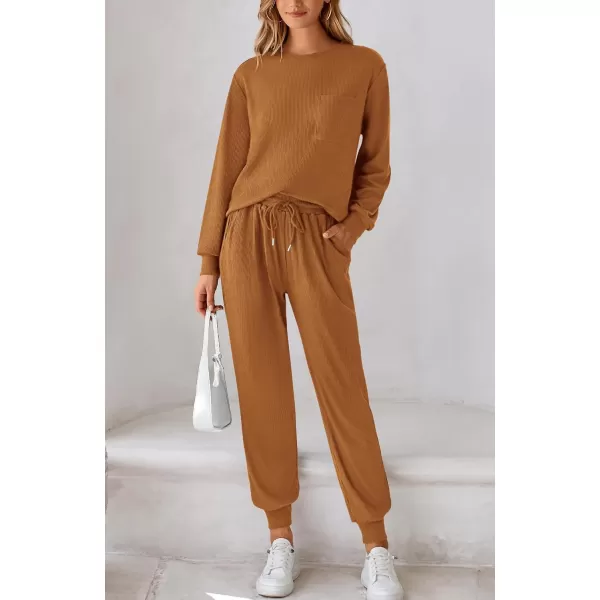 BTFBM Womens Two Piece Tracksuit Fall Long Sleeve Ribbed Knit Sweatshirt Long Pants With Drawstring Sweatsuit SetsSolid Dark Khaki
