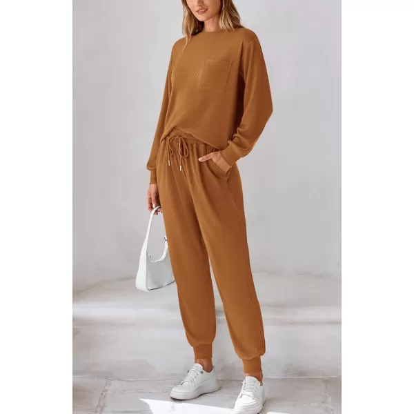 BTFBM Womens Two Piece Tracksuit Fall Long Sleeve Ribbed Knit Sweatshirt Long Pants With Drawstring Sweatsuit SetsSolid Dark Khaki