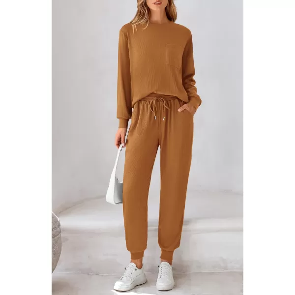 BTFBM Womens Two Piece Tracksuit Fall Long Sleeve Ribbed Knit Sweatshirt Long Pants With Drawstring Sweatsuit SetsSolid Dark Khaki