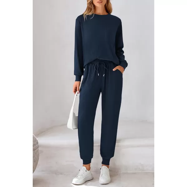 BTFBM Womens Two Piece Tracksuit Fall Long Sleeve Ribbed Knit Sweatshirt Long Pants With Drawstring Sweatsuit SetsSolid Navy