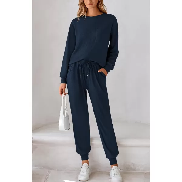BTFBM Womens Two Piece Tracksuit Fall Long Sleeve Ribbed Knit Sweatshirt Long Pants With Drawstring Sweatsuit SetsSolid Navy