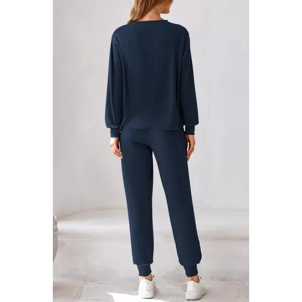 BTFBM Womens Two Piece Tracksuit Fall Long Sleeve Ribbed Knit Sweatshirt Long Pants With Drawstring Sweatsuit SetsSolid Navy