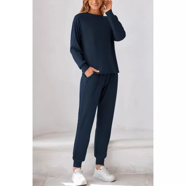 BTFBM Womens Two Piece Tracksuit Fall Long Sleeve Ribbed Knit Sweatshirt Long Pants With Drawstring Sweatsuit SetsSolid Navy