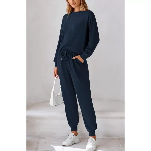 BTFBM Womens Two Piece Tracksuit Fall Long Sleeve Ribbed Knit Sweatshirt Long Pants With Drawstring Sweatsuit SetsSolid Navy