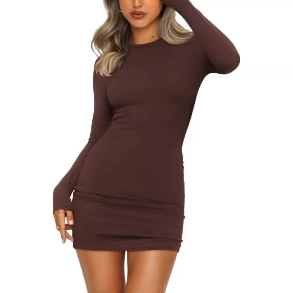 BTFBM Womens Fall Fashion 2024 Long Sleeve Boat Neck Mini Dress Slim Fit Party Club Short Tight Basic Bodycon DressesBrown