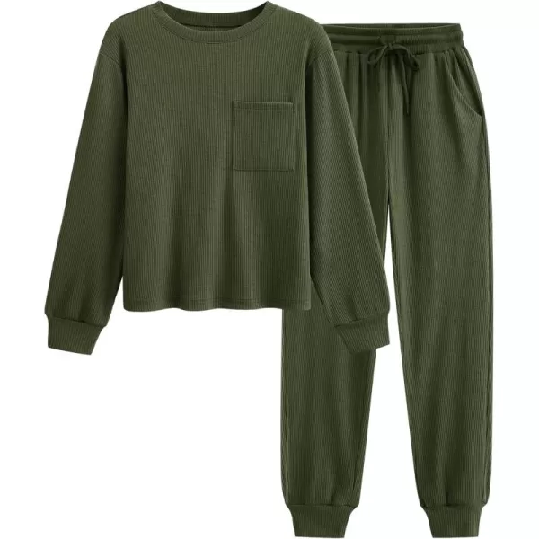 BTFBM Womens Two Piece Tracksuit Fall Long Sleeve Ribbed Knit Sweatshirt Long Pants With Drawstring Sweatsuit SetsSolid Army Green