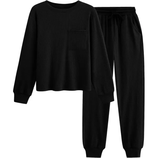 BTFBM Womens Two Piece Tracksuit Fall Long Sleeve Ribbed Knit Sweatshirt Long Pants With Drawstring Sweatsuit SetsSolid Black