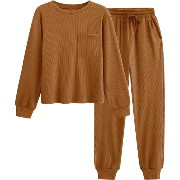 BTFBM Womens Two Piece Tracksuit Fall Long Sleeve Ribbed Knit Sweatshirt Long Pants With Drawstring Sweatsuit SetsSolid Dark Khaki