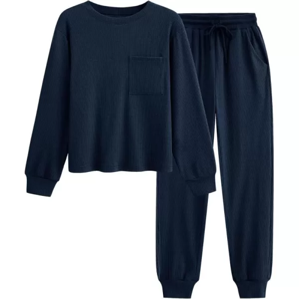 BTFBM Womens Two Piece Tracksuit Fall Long Sleeve Ribbed Knit Sweatshirt Long Pants With Drawstring Sweatsuit SetsSolid Navy