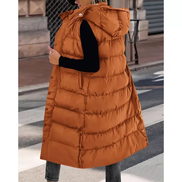 imageBTFBM Long Puffer Vest Women Quilted Hooded Button Down Zip Up Sleeveless Vests Outerwear Padded Jacket Winter Coat 2024Orange