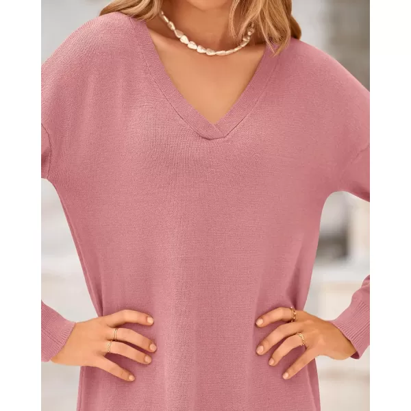 imageBTFBM Women Fall Sweater Dress V Neck Long Sleeve Slit Maxi Dresses Casual Knit Oversized Sweaters 2024 Winter ClothesSolid Pink