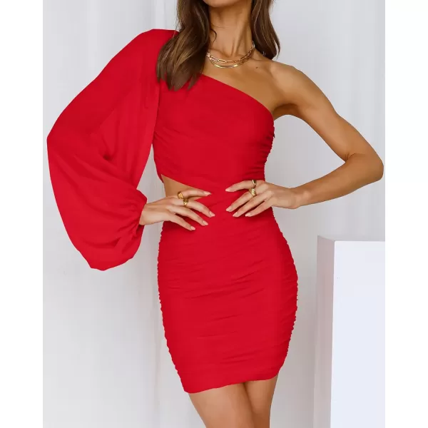 imageBTFBM Women One Shoulder Ruched Bodycon Mini Dress Puff Long Sleeve 2024 Summer Fall Club Party Cocktail Short DressesZred
