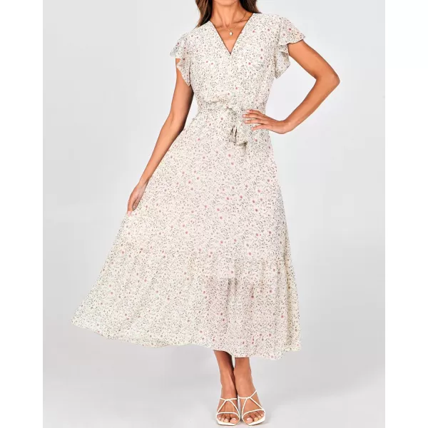 imageBTFBM Women Summer Bohemian Floral Casual Wrap V Neck Ruffle Cap Sleeveless Belt ALine Pleated Hem Midi Sun Dress WhiteFloral Apricot