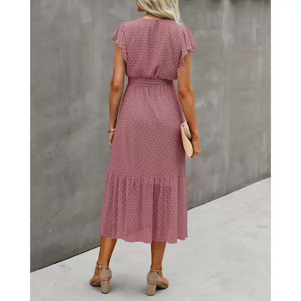 imageBTFBM Women Summer Bohemian Floral Casual Wrap V Neck Ruffle Cap Sleeveless Belt ALine Pleated Hem Midi Sun Dress WhiteSwiss Dot Bean Paste Red