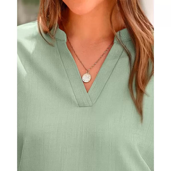 imageBTFBM Womens Summer Tops 2024 V Neck Short Sleeve Tshirt Loose Flowy Tunics Solid Color Dressy Casual Blouse ShirtsSolid Bean Green
