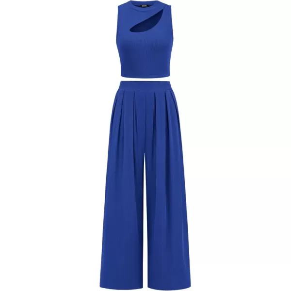 imageBTFBM Women 2 Piece Outfits Spring Summer Tracksuits Mock Neck Sleeveless Cutout Crop Top Wide Leg Long Pants SweatsuitsSolid Dark Blue