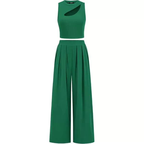 imageBTFBM Women 2 Piece Outfits Spring Summer Tracksuits Mock Neck Sleeveless Cutout Crop Top Wide Leg Long Pants SweatsuitsSolid Green
