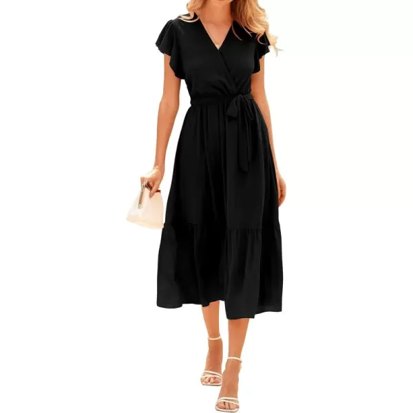 imageBTFBM Women Summer Bohemian Floral Casual Wrap V Neck Ruffle Cap Sleeveless Belt ALine Pleated Hem Midi Sun Dress WhiteSolid Black