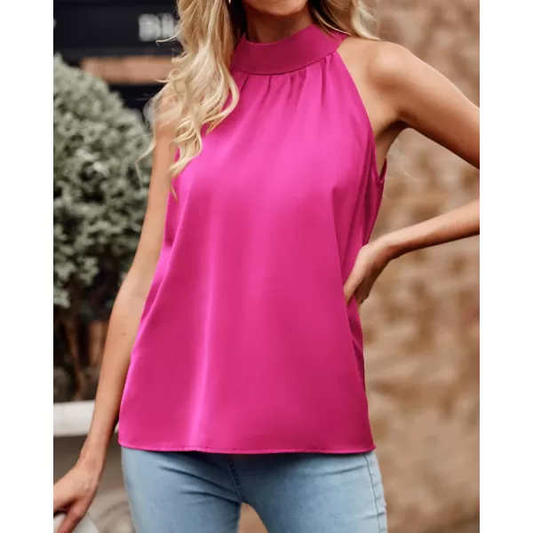 imageBTFBM 2024 Women Summer Sleeveless Tie Mock Neck Halter Tops Casual Bow Loose Tank Top Lightweight Dressy Blouse ShirtsSolid Rose Pink
