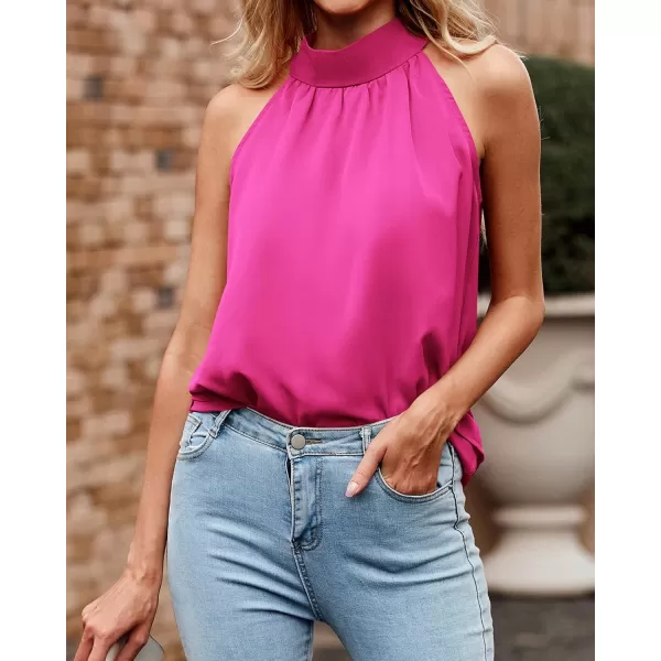 imageBTFBM 2024 Women Summer Sleeveless Tie Mock Neck Halter Tops Casual Bow Loose Tank Top Lightweight Dressy Blouse ShirtsSolid Rose Pink