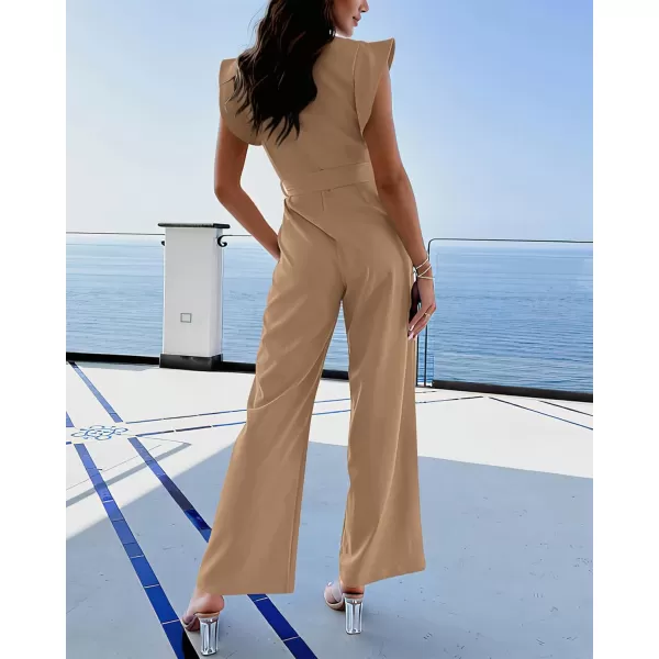 imageBTFBM Women Jumpsuits Crew Neck Ruffle Cap Sleeve Belted High Waist Wide Leg Romper with Pockets One Piece Casual OutfitsSolid Khaki