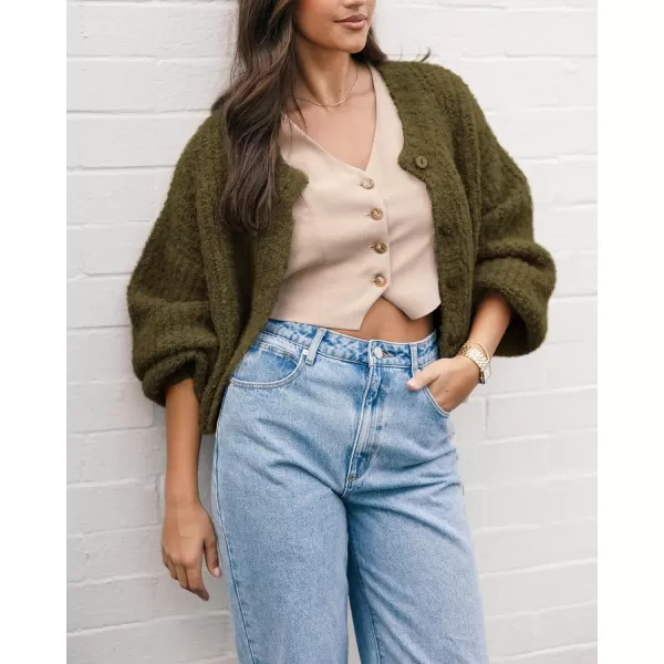 imageBTFBM Womens Chunky Knit Fall Cardigan 2024 Winter Long Sleeve Button Down Soft Loose Cropped Sweater OuterwearArmy Green