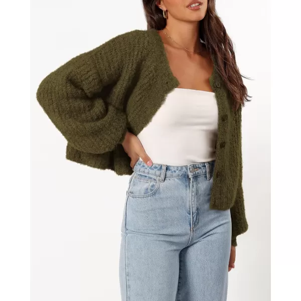 imageBTFBM Womens Chunky Knit Fall Cardigan 2024 Winter Long Sleeve Button Down Soft Loose Cropped Sweater OuterwearArmy Green