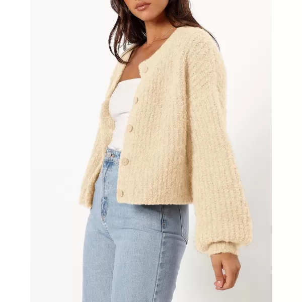 imageBTFBM Womens Chunky Knit Fall Cardigan 2024 Winter Long Sleeve Button Down Soft Loose Cropped Sweater OuterwearBeige