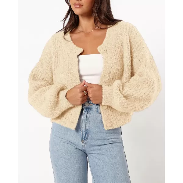 imageBTFBM Womens Chunky Knit Fall Cardigan 2024 Winter Long Sleeve Button Down Soft Loose Cropped Sweater OuterwearBeige