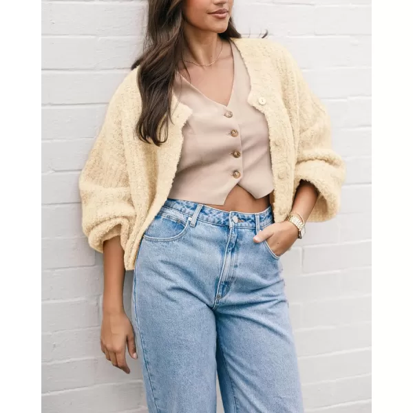 imageBTFBM Womens Chunky Knit Fall Cardigan 2024 Winter Long Sleeve Button Down Soft Loose Cropped Sweater OuterwearBeige