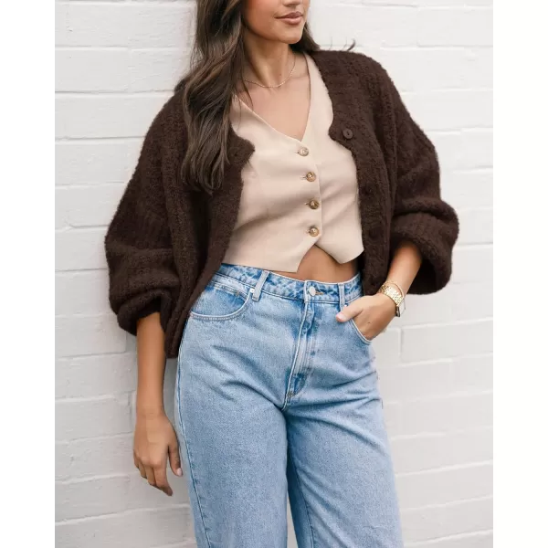 imageBTFBM Womens Chunky Knit Fall Cardigan 2024 Winter Long Sleeve Button Down Soft Loose Cropped Sweater OuterwearCoffee