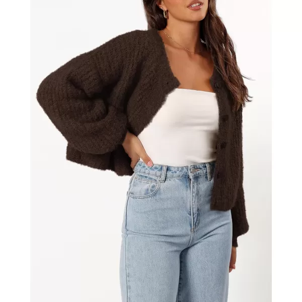 imageBTFBM Womens Chunky Knit Fall Cardigan 2024 Winter Long Sleeve Button Down Soft Loose Cropped Sweater OuterwearCoffee