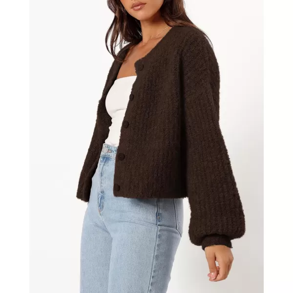 imageBTFBM Womens Chunky Knit Fall Cardigan 2024 Winter Long Sleeve Button Down Soft Loose Cropped Sweater OuterwearCoffee