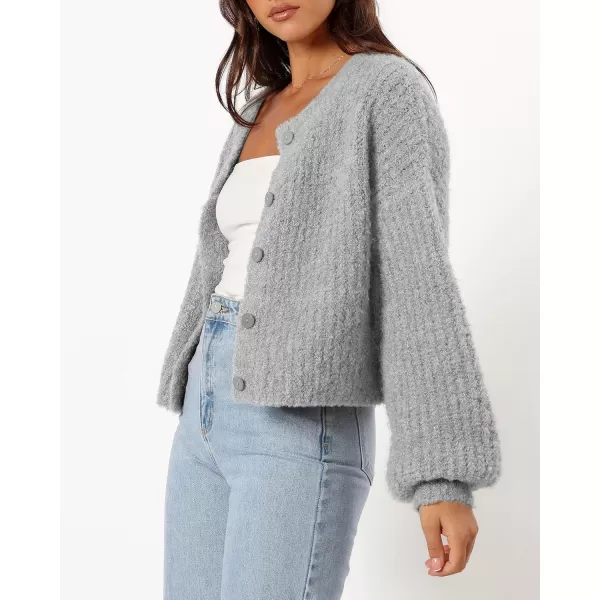imageBTFBM Womens Chunky Knit Fall Cardigan 2024 Winter Long Sleeve Button Down Soft Loose Cropped Sweater OuterwearGrey