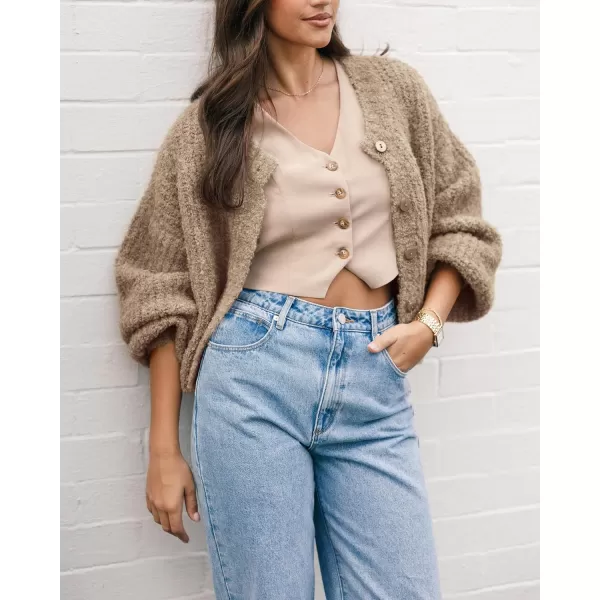 imageBTFBM Womens Chunky Knit Fall Cardigan 2024 Winter Long Sleeve Button Down Soft Loose Cropped Sweater OuterwearKhaki