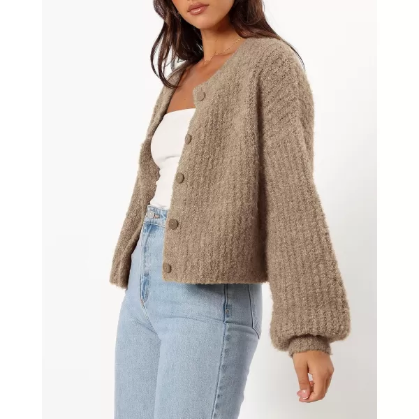 imageBTFBM Womens Chunky Knit Fall Cardigan 2024 Winter Long Sleeve Button Down Soft Loose Cropped Sweater OuterwearKhaki