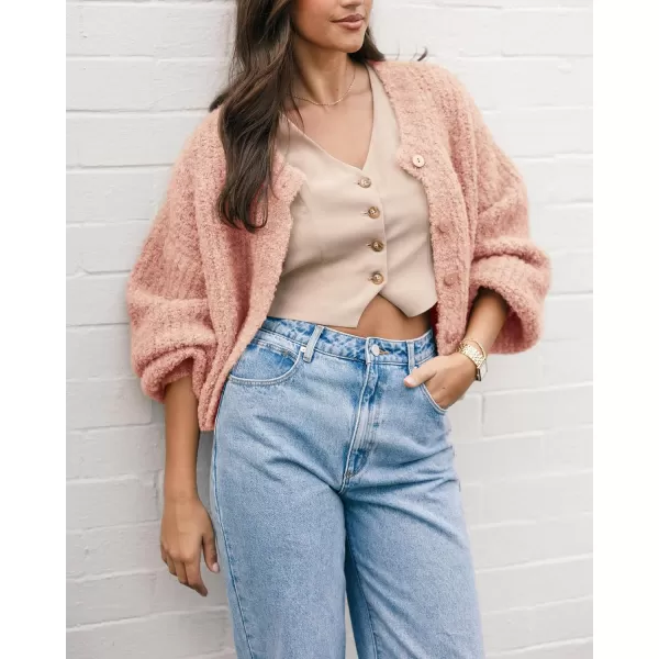 imageBTFBM Womens Chunky Knit Fall Cardigan 2024 Winter Long Sleeve Button Down Soft Loose Cropped Sweater OuterwearLight Pink