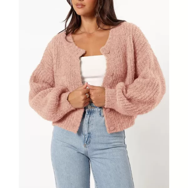 imageBTFBM Womens Chunky Knit Fall Cardigan 2024 Winter Long Sleeve Button Down Soft Loose Cropped Sweater OuterwearLight Pink
