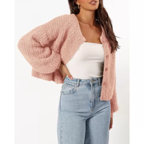 imageBTFBM Womens Chunky Knit Fall Cardigan 2024 Winter Long Sleeve Button Down Soft Loose Cropped Sweater OuterwearLight Pink