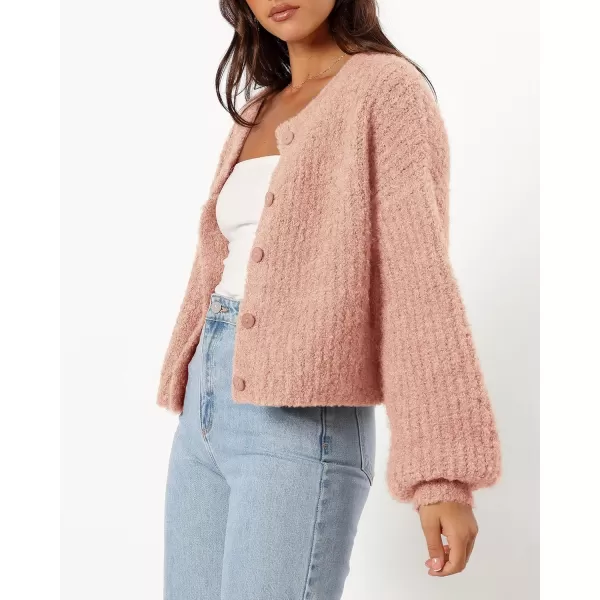 imageBTFBM Womens Chunky Knit Fall Cardigan 2024 Winter Long Sleeve Button Down Soft Loose Cropped Sweater OuterwearLight Pink