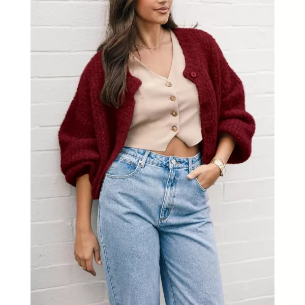 imageBTFBM Womens Chunky Knit Fall Cardigan 2024 Winter Long Sleeve Button Down Soft Loose Cropped Sweater OuterwearWine Red