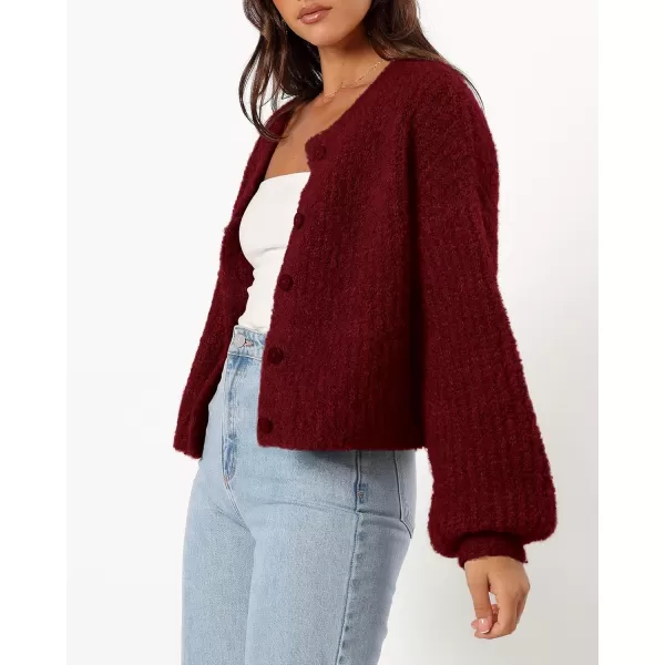 imageBTFBM Womens Chunky Knit Fall Cardigan 2024 Winter Long Sleeve Button Down Soft Loose Cropped Sweater OuterwearWine Red