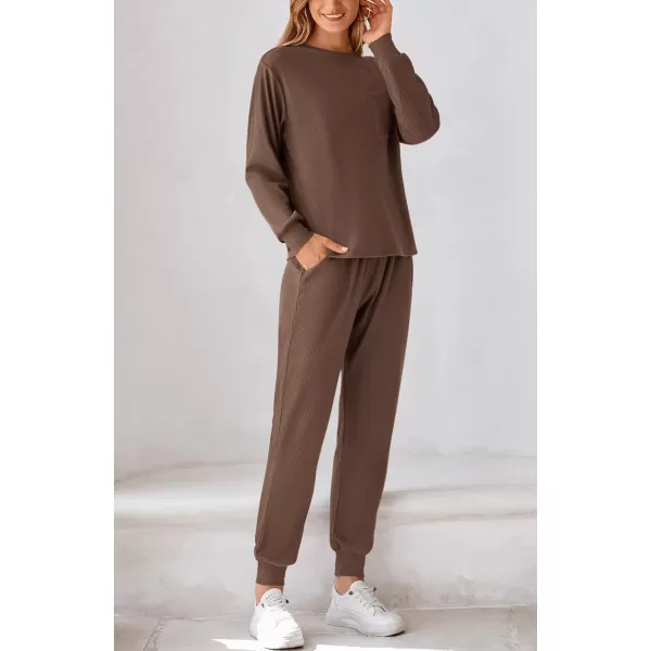 imageBTFBM Womens Two Piece Tracksuit Fall Long Sleeve Ribbed Knit Sweatshirt Long Pants With Drawstring Sweatsuit SetsSolid Coffee