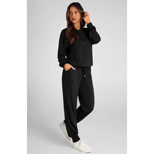 imageBTFBM Womens Two Piece Tracksuit Fall Long Sleeve Zip Up Hoodie Sweatshirt Long Pants Drawstring Outfits Jogger SetsSolid Black